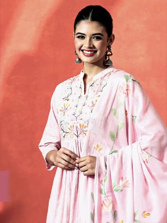 Sangria Floral Embroidered Mandarin Collar Cotton A-Line Kurta With Trouser & Dupatta