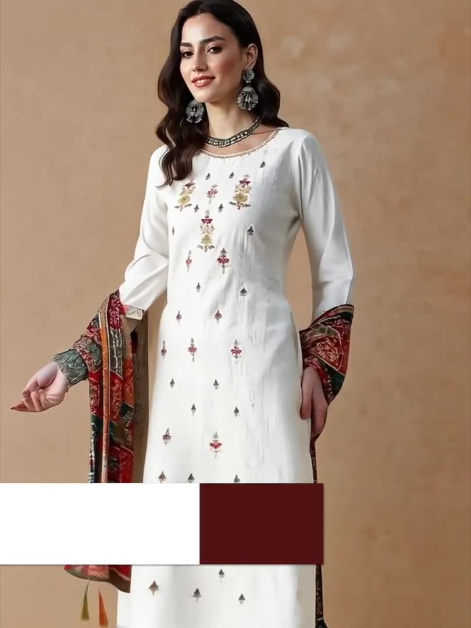 Sangria White Ethnic Motifs Embroidered Thread Work Straight Kurta & Trouser With Dupatta
