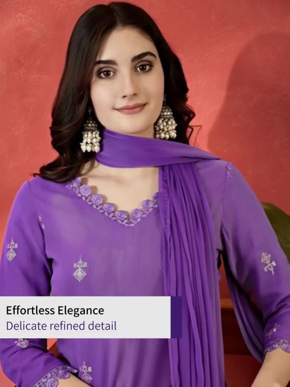 Sangria Floral Embroidered V-Neck Sequinned Straight Kurta Trousers & Dupatta