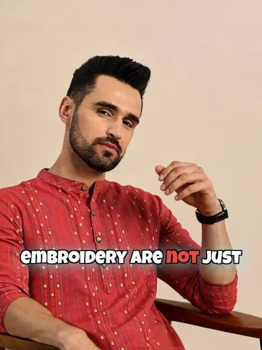 Anouk Men Coral Red Embroidered Mandarin Collar Short Kurta