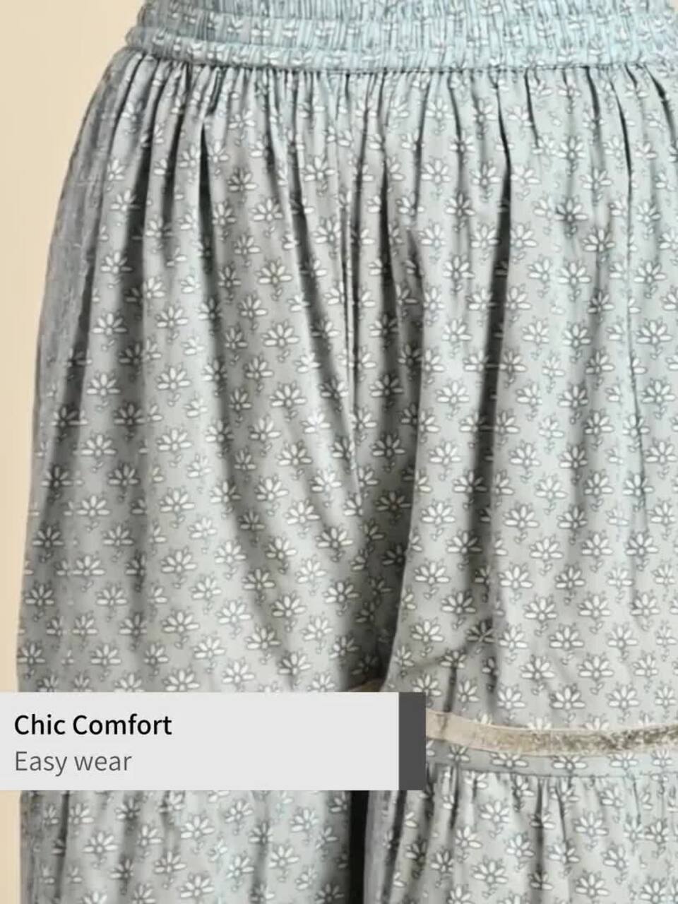 anayna Women Grey & White Floral Printed Angrakha Pure Cotton Kurta with Sharara & Dupatta