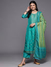 Libas Women Sea Green Floral Kurta with Trousers & With Dupatta