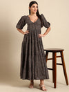Anayna Black & Brown Floral Tie-Up Neck Ethnic Cotton Maxi Ethnic Dress