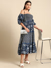 Anayna Blue Floral Ethnic A-Line Cotton Midi Ethnic Dress