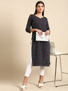 Anayna Women Navy Blue & Red Floral Printed Dobby Cotton Kurta
