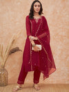 Sangria Maroon Floral Embroidered Straight Kurta With Trousers & Dupatta