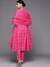 Libas Women Pink Bandhani Printed Gotta Patti Pure Cotton Kurta with Trousers & With Dupatta