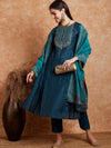 Sangria Teal Blue Embroidered Zari Sequence A Line Kurta & Trousers Dupatta