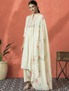 Sangria Floral Embroidered Mandarin Collar Cotton A-Line Kurta With Trouser & Dupatta