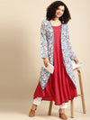 Anayna Women Blue & Red Solid Anarkali Kurta with Floral Screen Print Longline Jacket