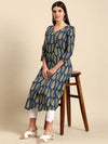 Anayna Women Navy Blue & Green Ethnic Motifs Printed Cotton Kurta