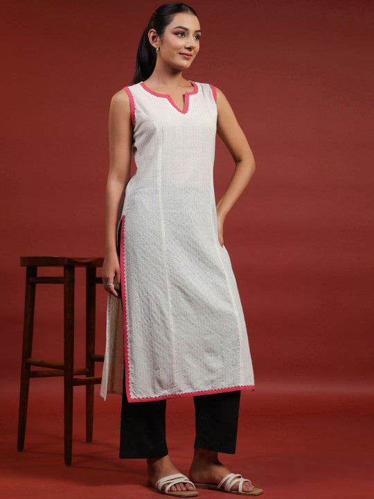 Women Geometric Thread Work Pastels Dobby Kurta