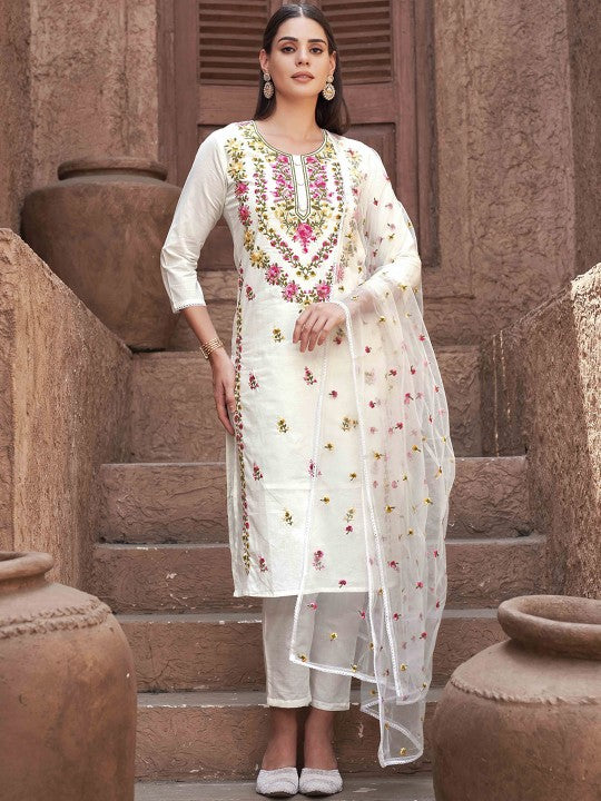 Tikhi Imli Women Embroidered Regular Thread Work Pure Cotton Kurta with Trousers & With Dupatta