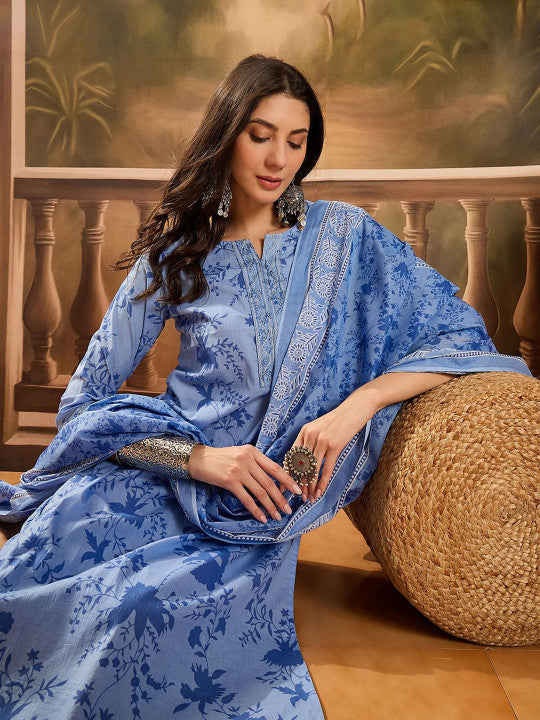 Sangria Floral Printed Notch Neck Pure Cotton Straight Kurta With Trousers & Dupatta