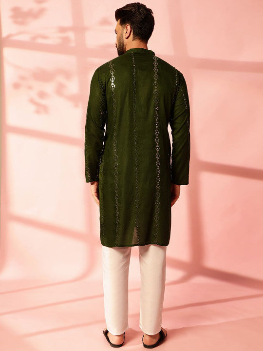 Geometric Embroidered Sequinned Cotton Straight Kurta