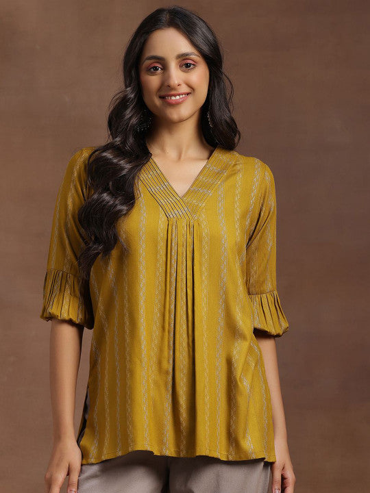 Libas Ethnic Motifs Woven Design V-Neck Pleated Kurti