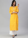 KSUT Mustard & White Ikat Printed Straight Kurta, Dori & Tassel Detailing On Neckline