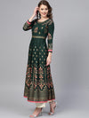 ISHIN Women Rayon Green Printed Anarkali Kurta