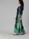 ISHIN Women Rayon Blue & Sea Green Embroidered Layered Kurta