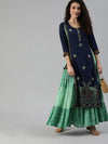 ISHIN Rayon Blue & Sea Green Embroidered Layered Kurta