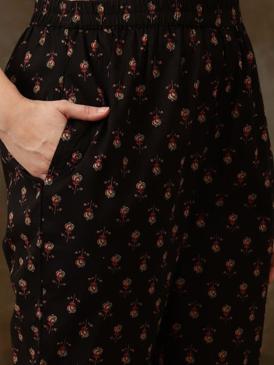 Sangria Black Floral Printed Pure Cotton Anarkali Kurta With Trousers & Dupatta