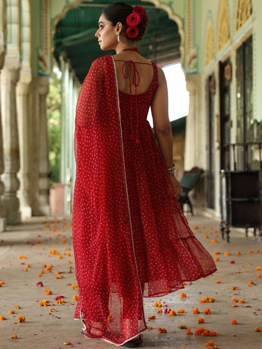 Anayna Women Bandhani Printed Tiered Gotta Patti Kurta with Trousers & Dupatta