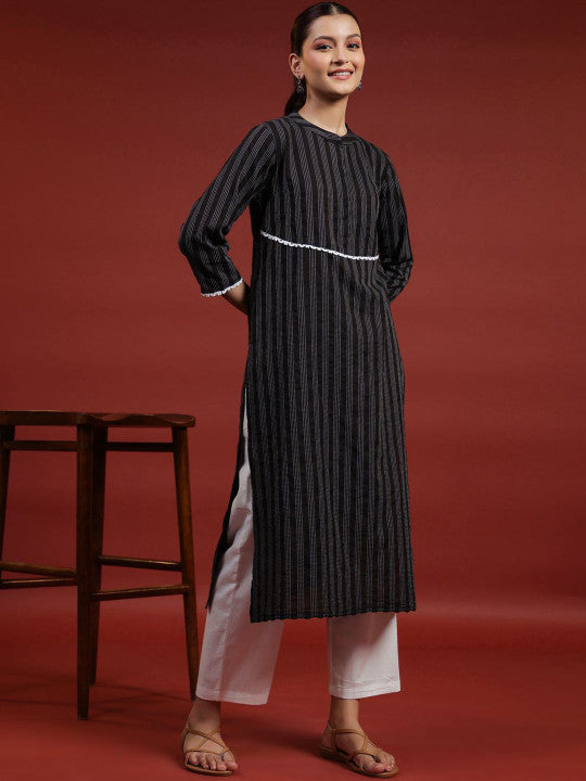 anayna Women Striped Thread Work Kurta