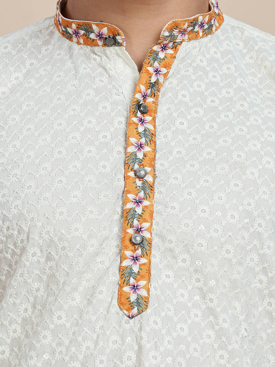 Anouk Men Ethnic Motifs Embroidered Thread Work Mandarin Collar Pure Cotton Straight Kurta