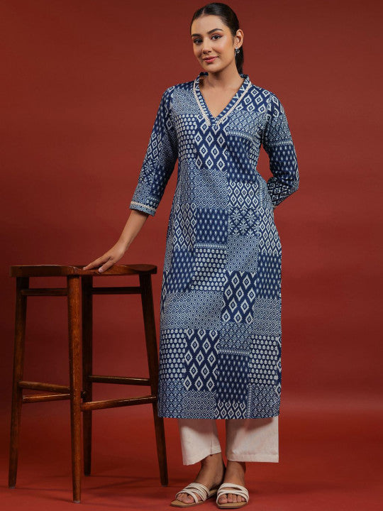 anayna Geometric Printed V-Neck Pure Cotton Straight Kurta