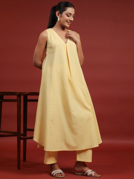 anayna Women Solid Pure Cotton A-line Kurta with Trousers