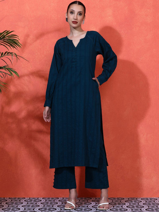 Sangria Striped Self Design Pure Cotton Kurta & Trousers Set