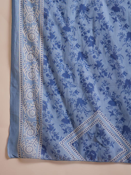 Sangria Floral Printed Notch Neck Pure Cotton Straight Kurta With Trousers & Dupatta