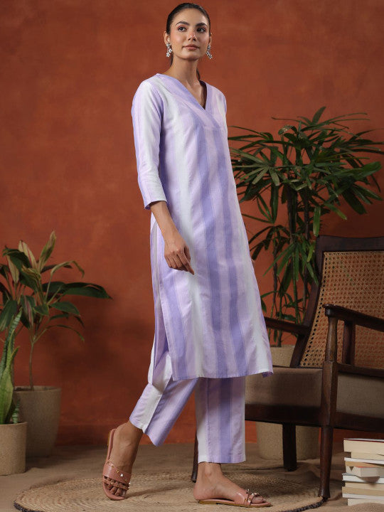 Striped V-Neck Pure Cotton Straight Kurta With Trousers