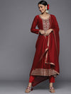 Libas Maroon Yoke Design Silk Blend Anarkali Kurta With Churidar & Dupatta