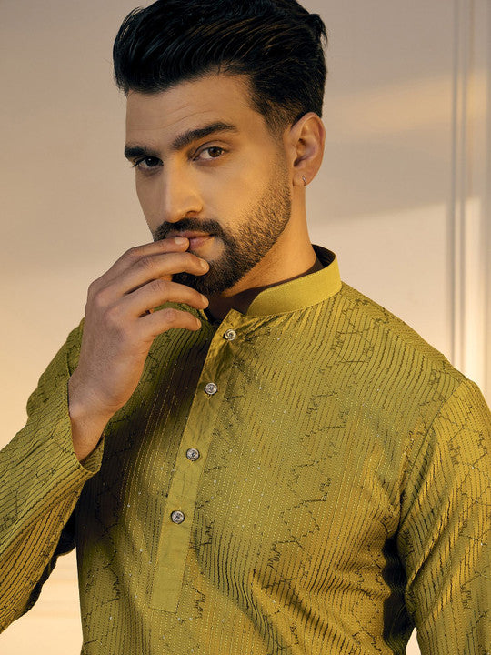 Mustard Geometric Embroidered Mandarin Collar Pure Cotton Straight Kurta