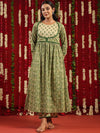 Anayna Cream-Coloured & Green Floral Printed Pure Cotton Anarkali Kurta with Trousers