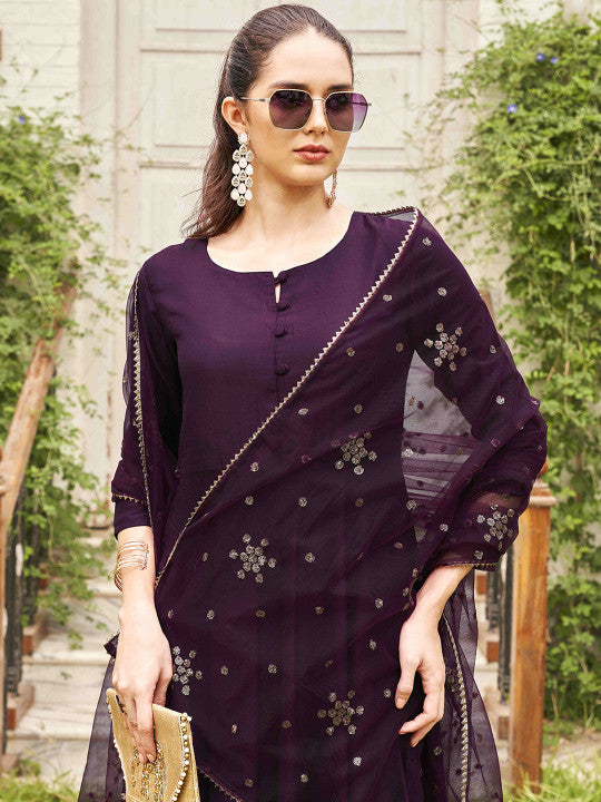 Tikhi Imli Round Neck Anarkali Kurta with Trousers & Dupatta