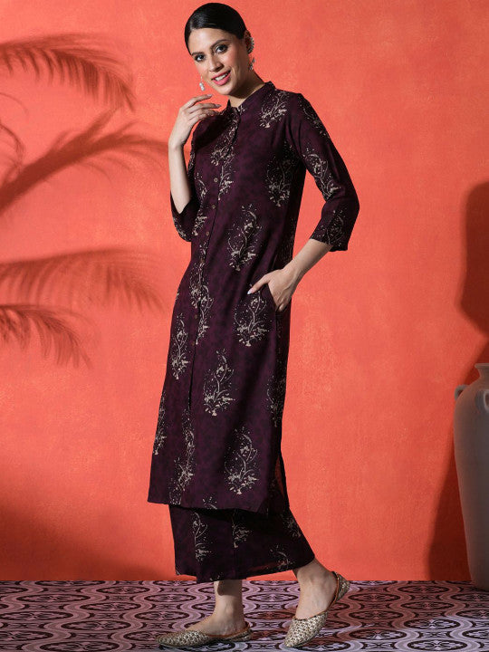 Sangria Floral Printed Mandarin Collar A-Line Kurta With Palazzos