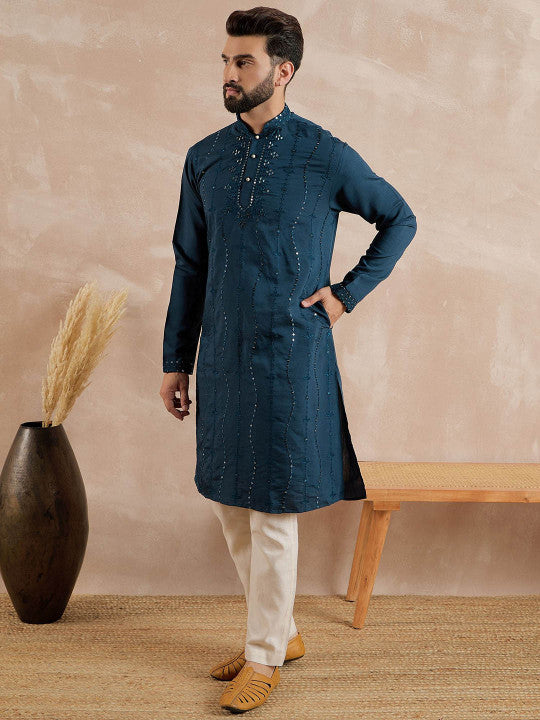 Anouk Floral Embroidered Mandarin Collar Mirror Work Straight Kurta