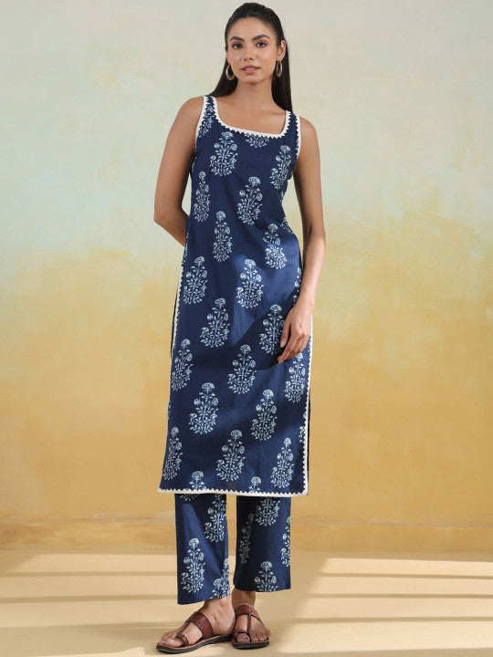 anayna Floral Printed Round Neck Pure Cotton Straight Kurta With Trousers