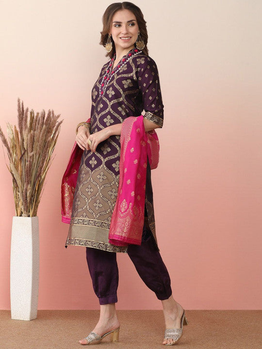 Sangria Woven Design Embroidered Banarasi Straight Kurta With Salwar & Dupatta