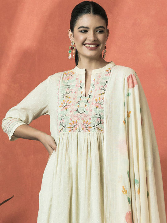 Sangria Floral Embroidered Mandarin Collar Cotton A-Line Kurta With Trouser & Dupatta