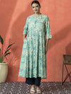 Sangria Floral Printed Mandarin Collar Panelled Pure Cotton A-Line Kurta