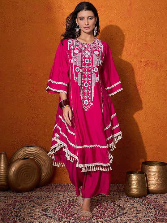 Sangria Floral Embroidered Regular Mirror Work A-Line Kurta with Palazzo