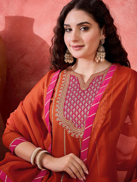 Sangria Zari Sequence Cording Embroidery With Lace A Line Kurta With Trousers & Dupatta