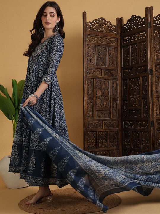 Sangria Ethnic Motifs Printed V-Neck Mirror Work Pure Cotton Kurta With Palazzo & Dupatta