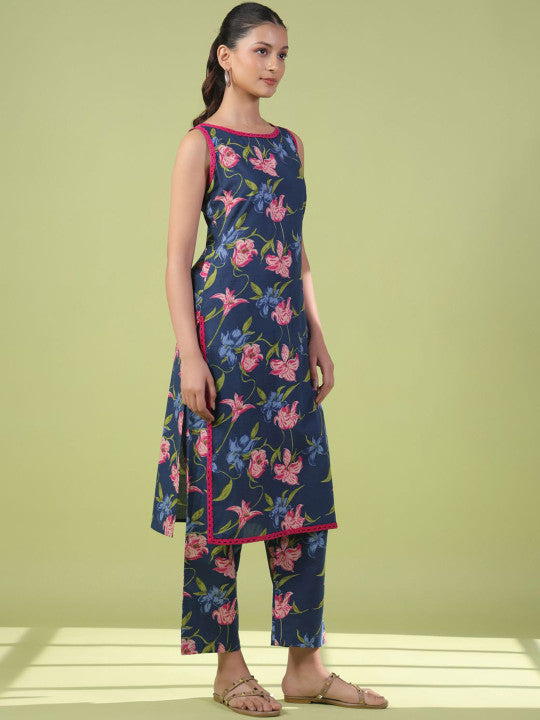 anayna Women Floral Printed Regular Pure Cotton Kurta with Trousers