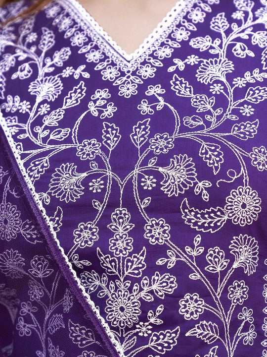 Women Embroidered Regular Thread Work Pure Cotton Kurta with Trousers & With Dupatta