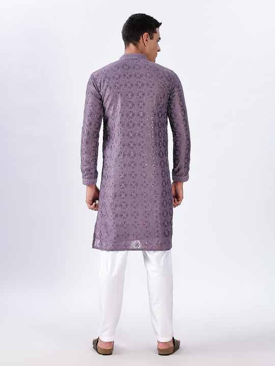 Anouk Purple Ethnic Embroidered Mandarin Collar Sequinned Lucknowi Cotton Straight Kurta