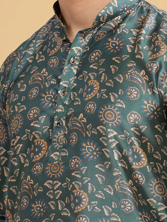 Anouk Green Floral Printed Mandarin Collar Straight Kurta